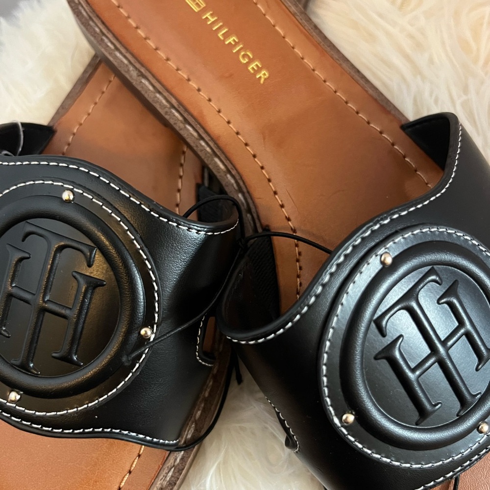 Tommy Hilfiger Black Leather Slide Sandals